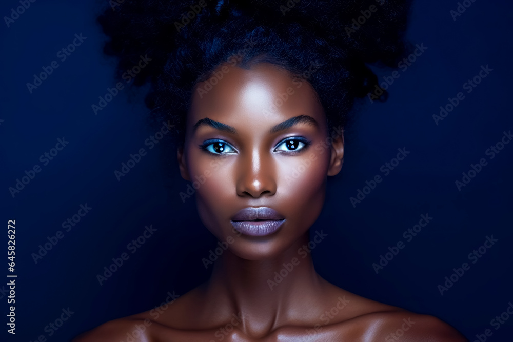 Beautiful portrait of a gorgeous African American woman with afro hair isolated on blue background