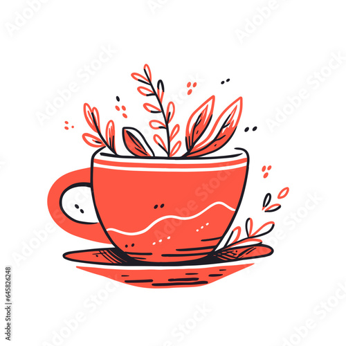 Herbal tea cup vector icon in minimalistic  black and red line work  japan web
