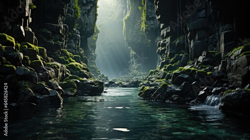 The flow of the waterfall can be seen from inside a rock cave on a green mossy mountain