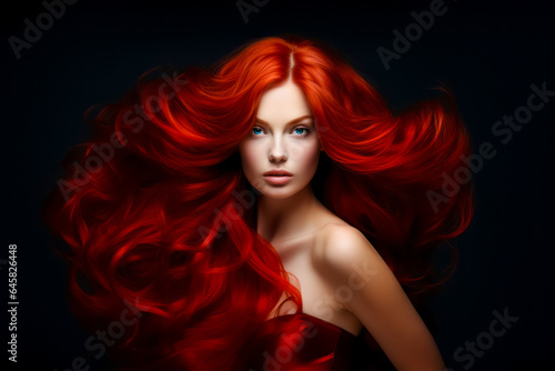 Young red haired woman with blue eyes with voluminous hair, with long, dense, curly hairstyle.