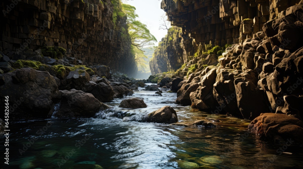 The flow of the waterfall can be seen from inside a rock cave on a green mossy mountain The flow of the waterfall can be seen from inside a rock cave on a green mossy mountain