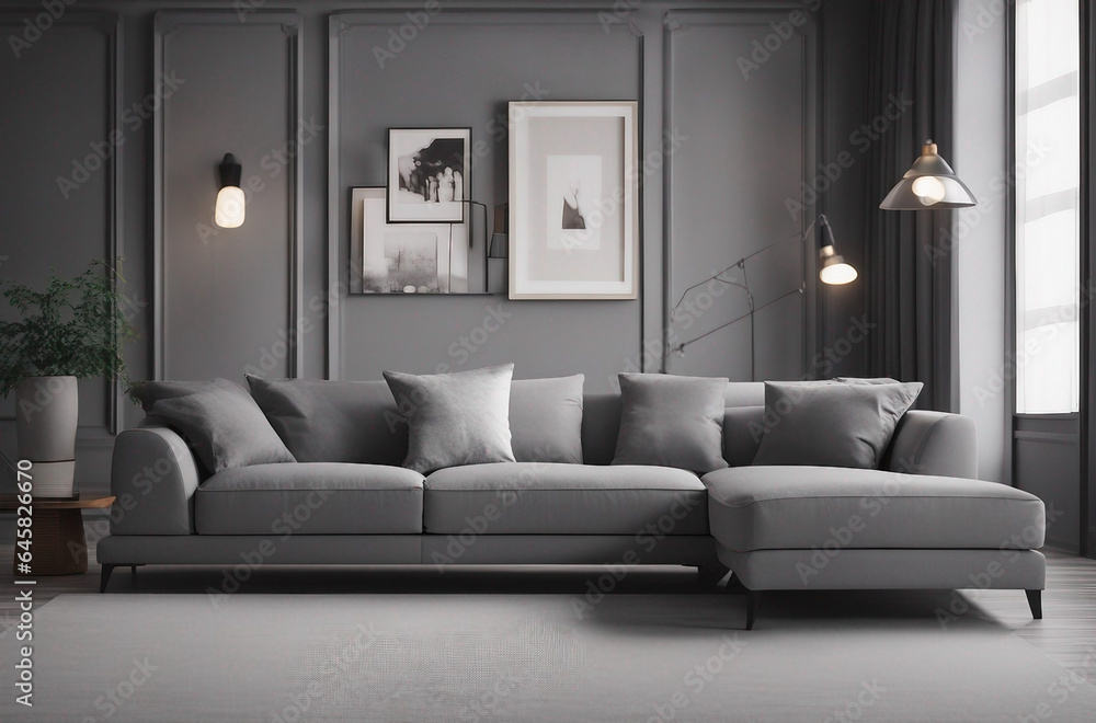 Fototapeta premium Interior of beautiful gray modern living room with comfortable sofa
