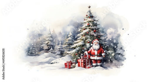 Festive Watercolor Christmas Scene on a White Background © Ash