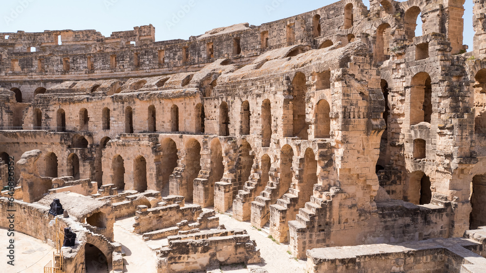 Amphitheatre of Tunisia. Roman biggest theater in Africa on a summer day. Unesco heritage.