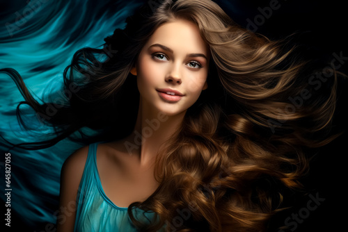 Brunette girl with long and shiny wavy hair. hairstyle, hair care, beauty concept
