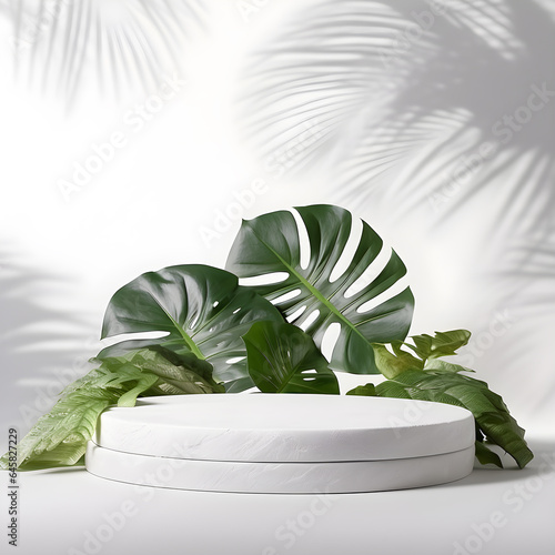 white podium on white shadow leaves background with Monstera plant leaves.
