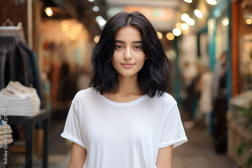 casual young woman with black hairs wearing white t-shirt and jeans
casual young woman with black hairs wearing white t-shirt and jeans