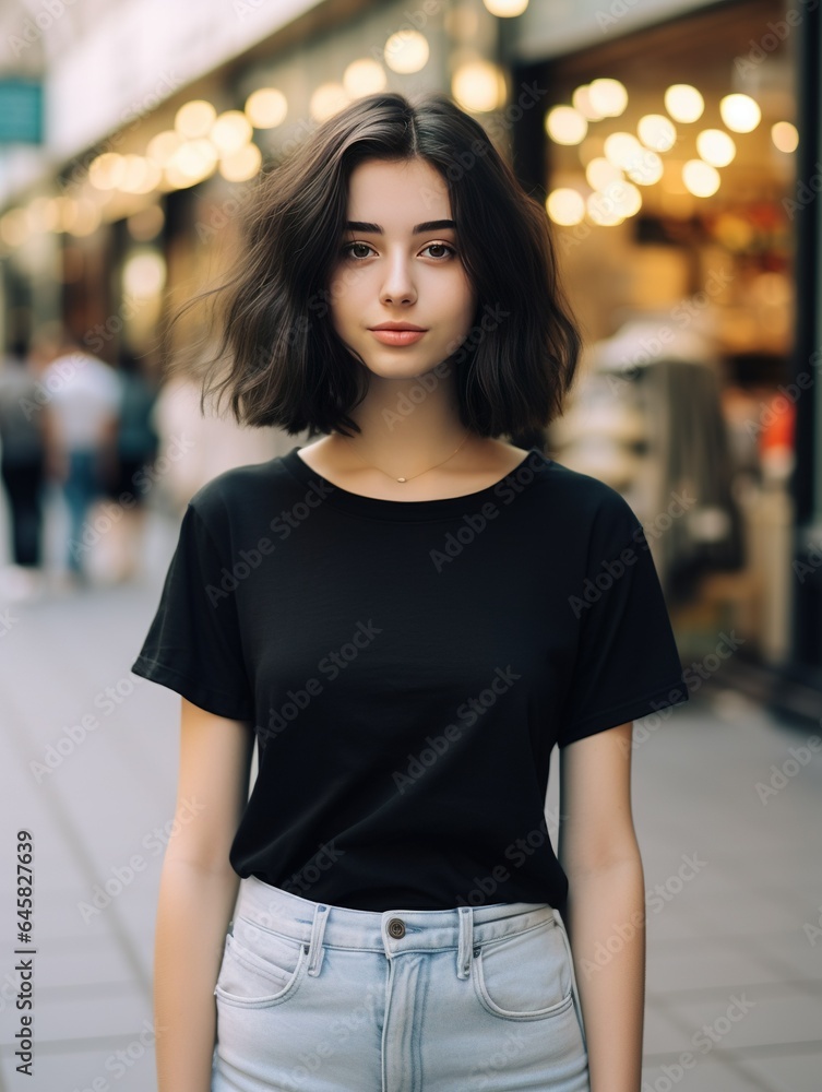 casual young woman with black hairs wearing black t-shirt and jeans
casual young woman with black hairs wearing black t-shirt and jeans