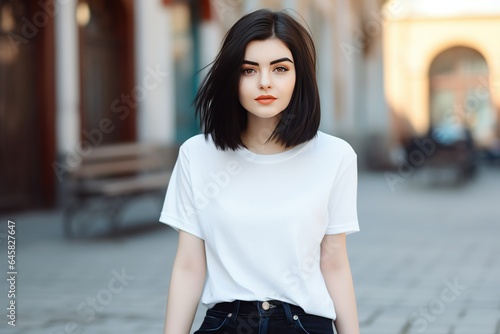 casual young woman with black hairs wearing white t-shirt and jeans 