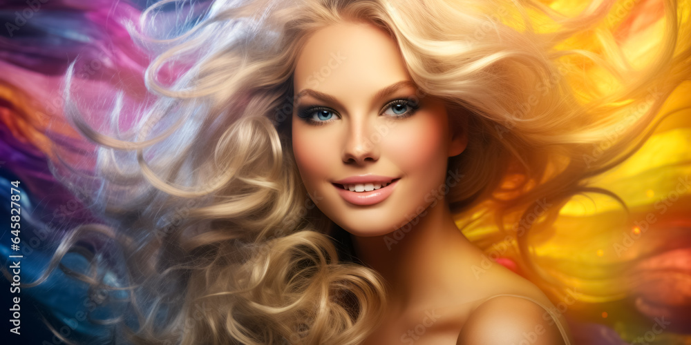 Beautiful young woman with healthy wavy long blonde hair on colorful background. Hair Style Beautiful young woman with healthy wavy long blonde hair on colorful background. Hair Style