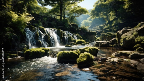 the waterfall flows with splashing drops  in sunny weather