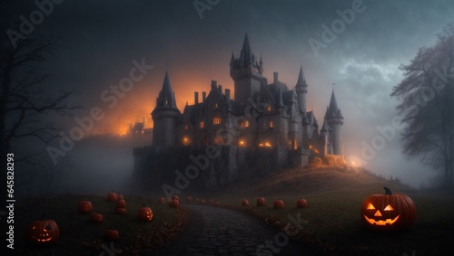 haunted castle halloween, Jack-o'-lantern, Generative AI