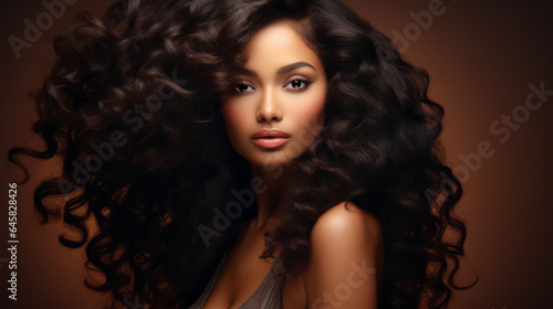 Brunette girl with long and shiny wavy hair. hairstyle, hair care, beauty concept