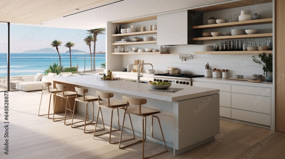 A contemporary beach house kitchen with ocean views and open shelving