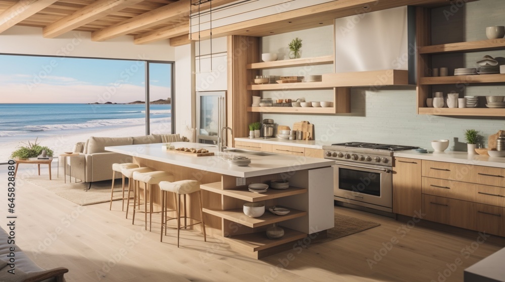 A contemporary beach house kitchen with ocean views and open shelving