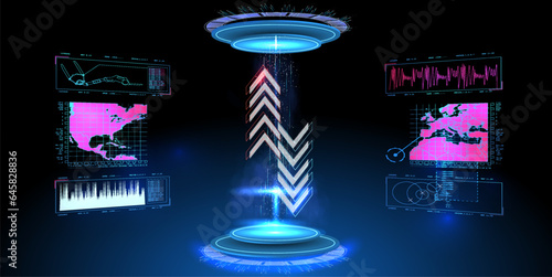 Technology demonstration. Futuristic circle 3D lab stage with HUD elements for UI,GUI Abstract style on black background. Blank display, stage or podium for show product in futuristic cyberpunk style.