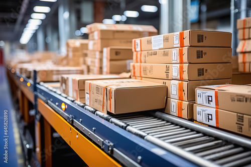 Cardboard boxes, parcels on a conveyor belt at the post office.