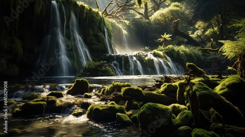 The waterfall in the middle is beautiful and surrounded by naturally cool trees