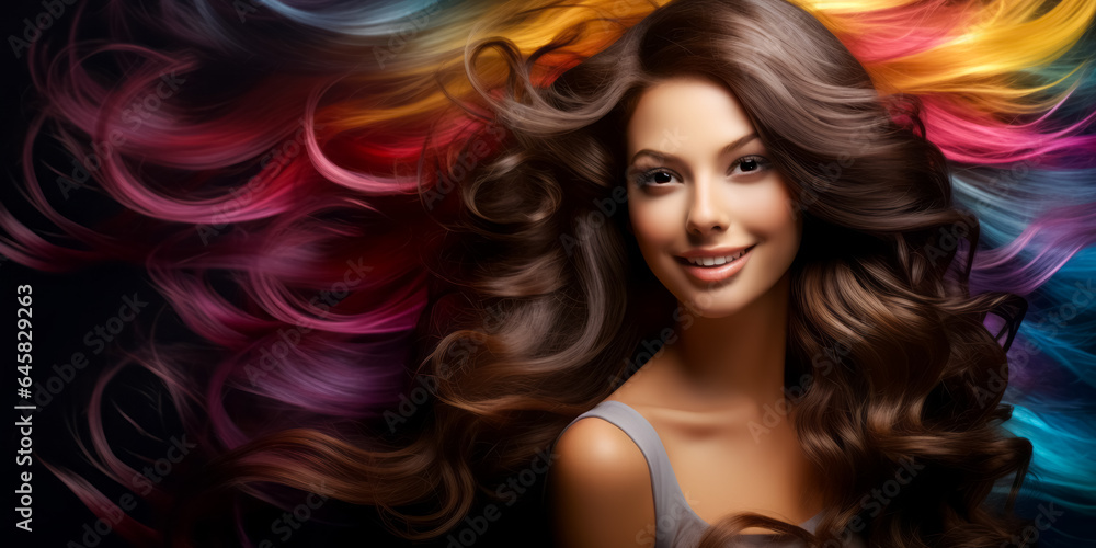 Obraz premium Brunette girl with long and shiny wavy hair. hairstyle, hair care, beauty concept