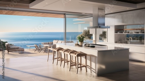 A contemporary beachfront kitchen with panoramic ocean views © Adeel  Hayat Khan