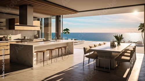 A contemporary beachfront kitchen with panoramic ocean views and clean lines © Adeel  Hayat Khan
