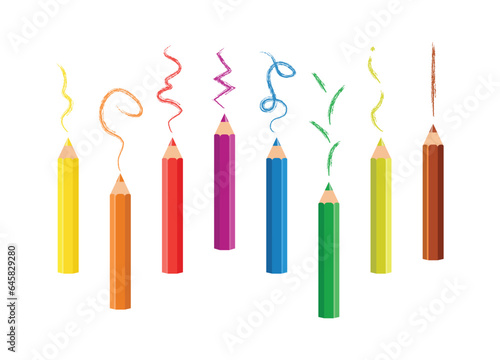 Colored Pencils isolated on white background. Set of rainbow vector colored pencils drawing colorful lines. Kids school stationery pencils. Colored wooden pencils