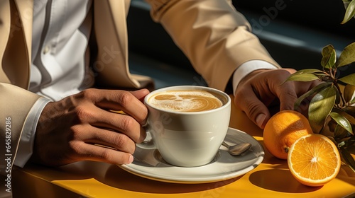 Top view photo of a man s hand in a white jacket touching a cup of coffee in a white glass with a lemon slice