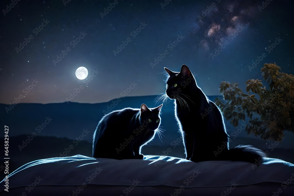 A profile view of a black cat sitting on a bed under the night sky