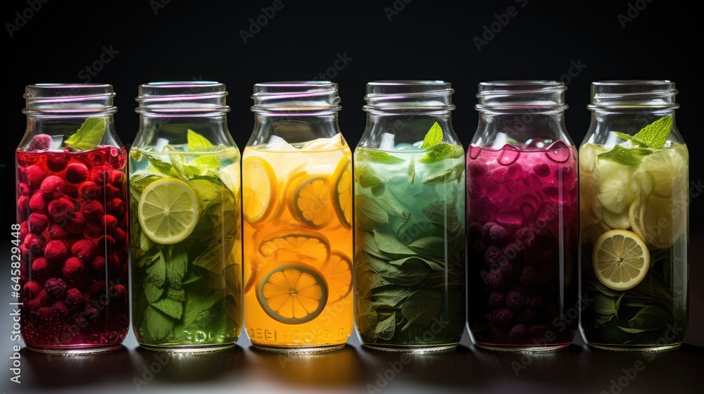 Various detox diet drinks in glass bottles Various detox diet drinks in glass bottles