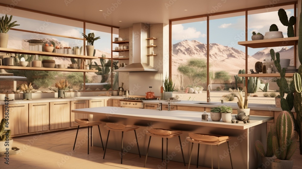 A contemporary desert oasis kitchen with earthy tones and cacti decor