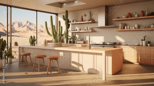 A contemporary desert-inspired kitchen with earthy tones and desert plant decor