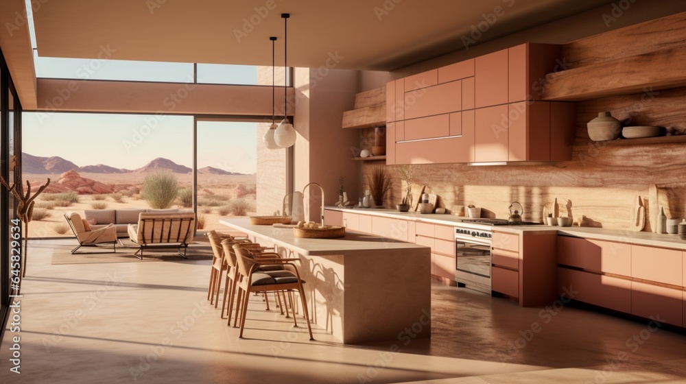 A contemporary desert oasis kitchen with sand-inspired colors and textures