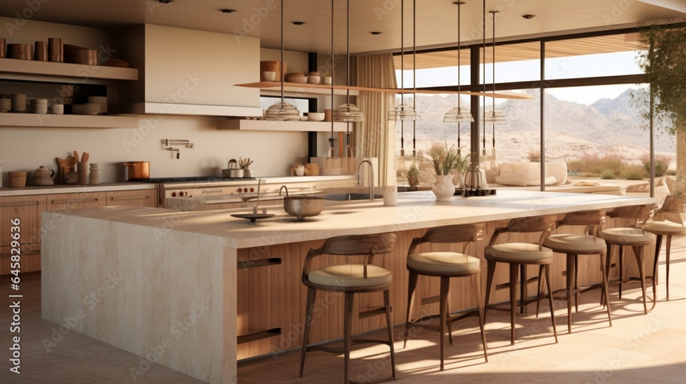 A contemporary desert oasis kitchen with sand-inspired colors and textures