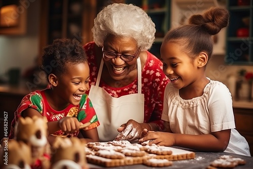 African american grandmother making Christmas cookies with her two granddaughters