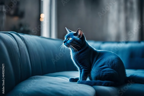 A profile view of a blue cat sitting on a sofa in daylight