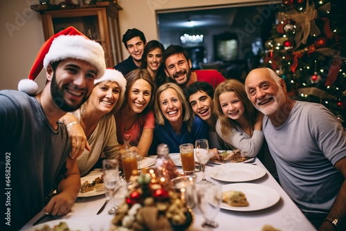 big family celebrating christmas eve and taking a selfie picture