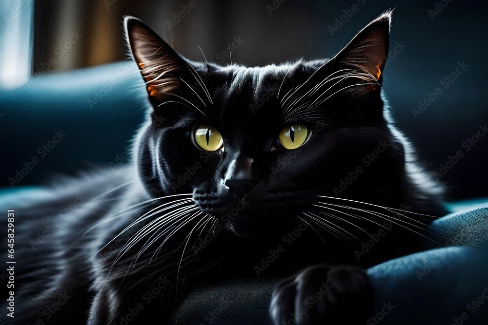 a closeup view of black cat, sitting on the sofa,day light view