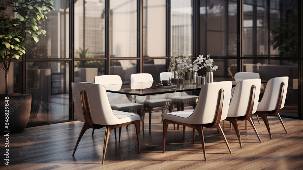 A contemporary dining room with a designer table and upholstered chairs