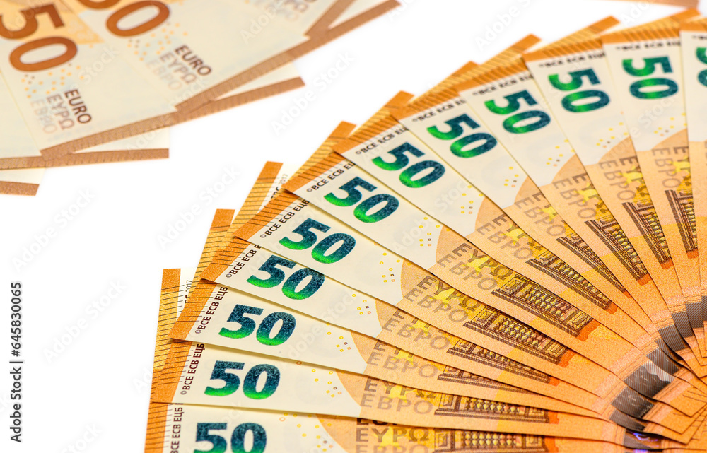 50 euro banknotes fanned out on a white background 10 50 euro banknotes fanned out on a white background 10