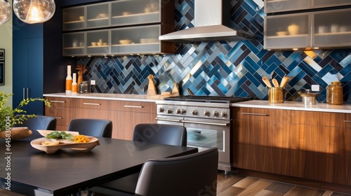 A contemporary kitchen with a bold tile backsplash and unique fixtures