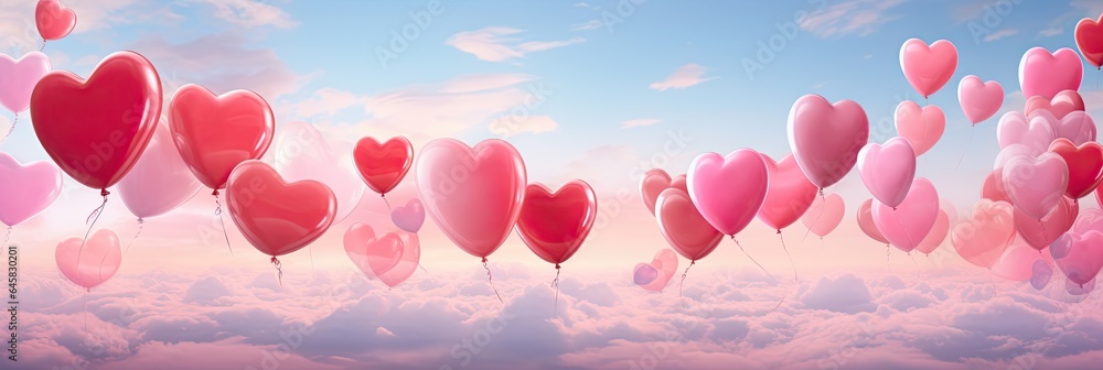 An image of bright red and pink heart-shaped balloons.