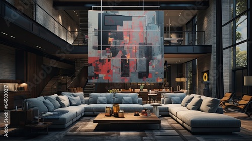 Abstract representation of modern interior design of a large living room.