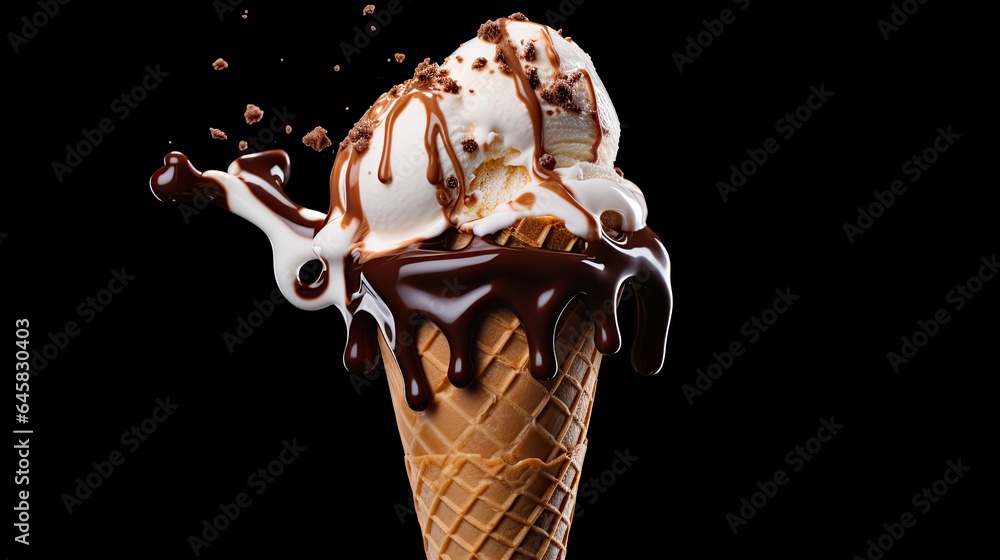 Melting ice cream cone on a black background.