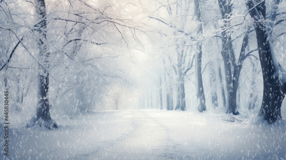 Winter landscape with soft snowfall against a background of snow-covered trees. Winter landscape with soft snowfall against a background of snow-covered trees.