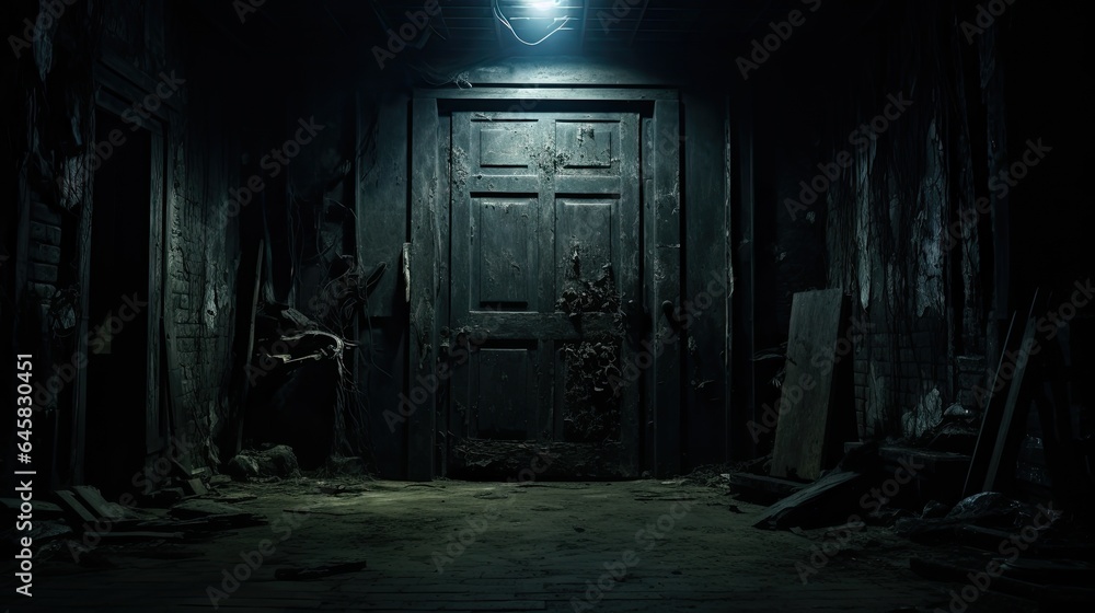 A dimly lit room with a weathered door in the center. A dimly lit room with a weathered door in the center.
