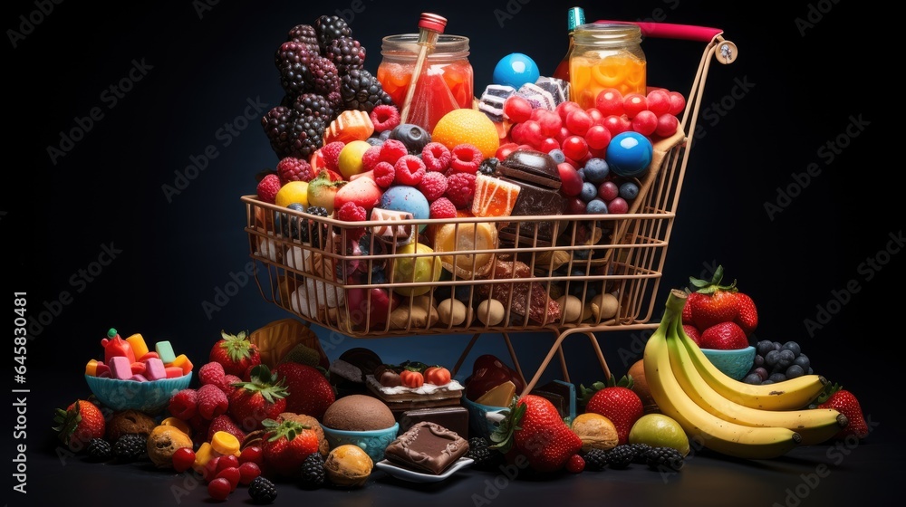 A shopping cart overflowing with a variety of sweets. A shopping cart overflowing with a variety of sweets.