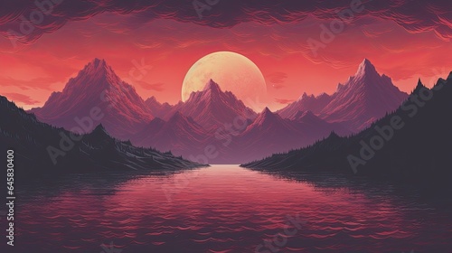 Image of a serene mountain range in a vaporwave color palette.