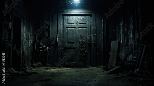 A dimly lit room with a weathered door in the center. © kept