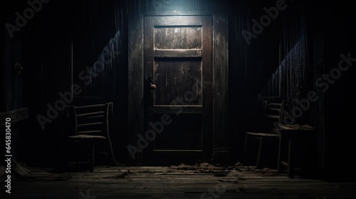 A dimly lit room with a weathered door in the center.