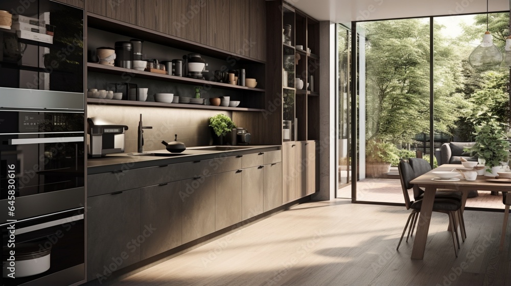A contemporary kitchen with open shelving and a built-in coffee station A contemporary kitchen with open shelving and a built-in coffee station